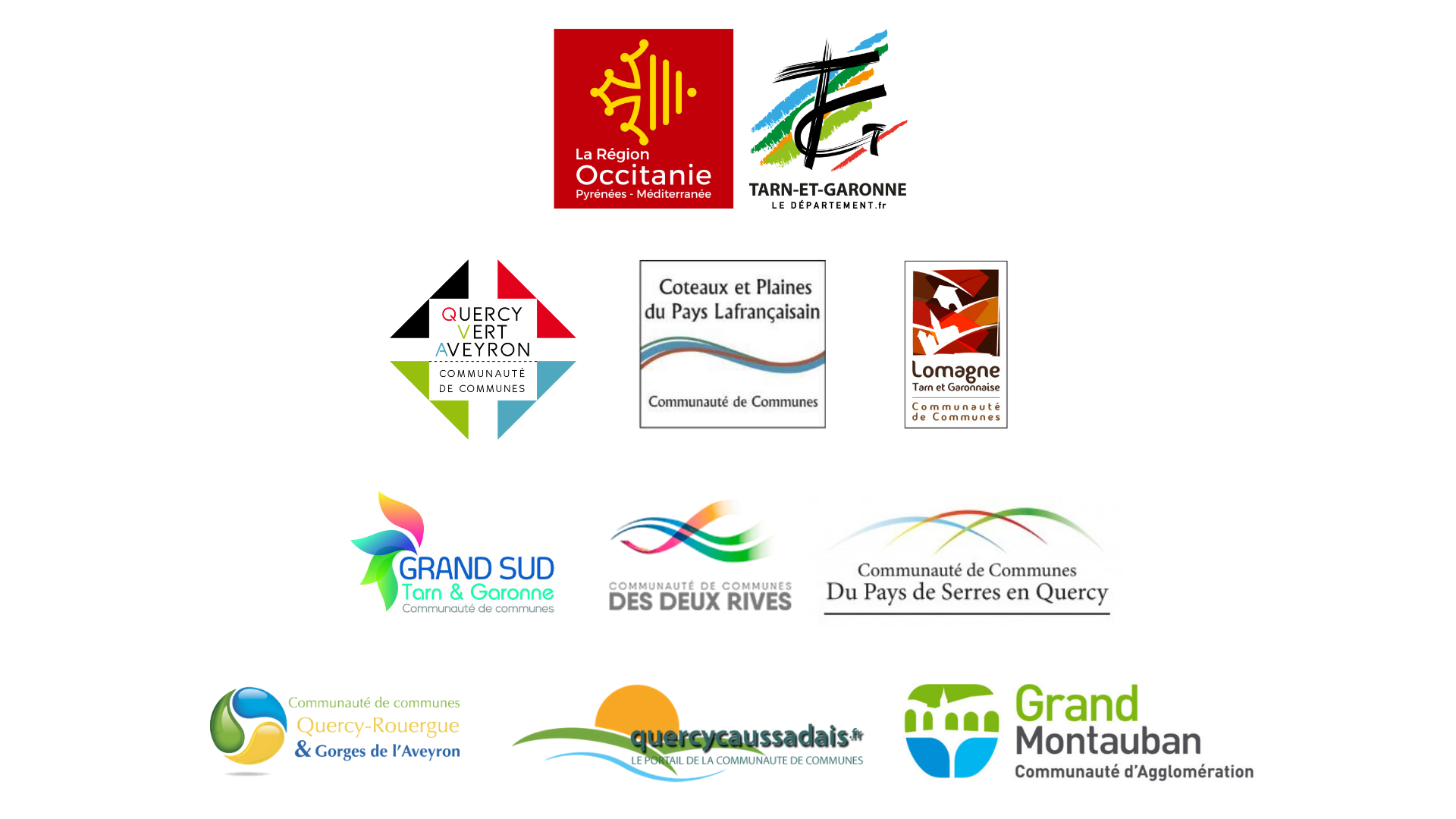 Logos de la Région Occitanie, de Tarn-Et-Garonne le département, de huit Communautés de Communes et du Grand Montauban