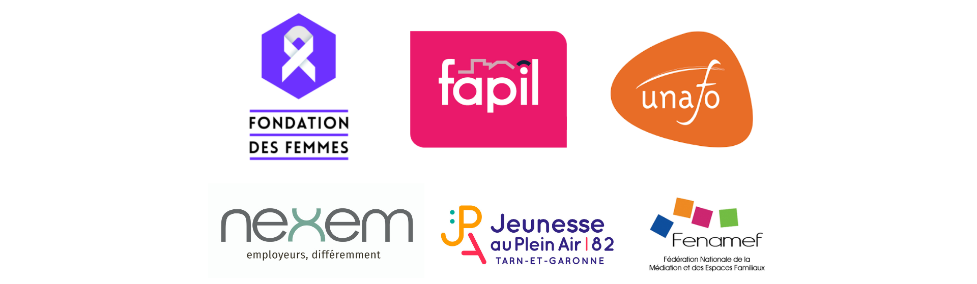 Logos de la Fondation des Femmes, de la Fapil, de l'UNAFO, de Nexem, de la JPA 82 et de la Fenamef