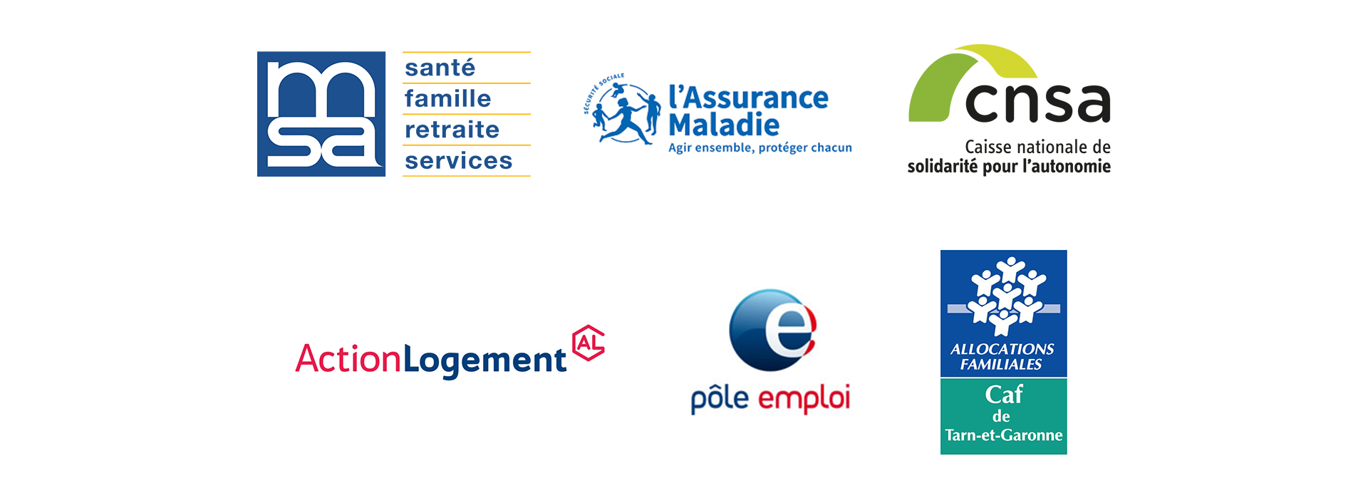 Logos de la MSA, de l'Assurance Maladie, de la CNSA, d'Action Logement, de Pôle Emploi et de la CAF