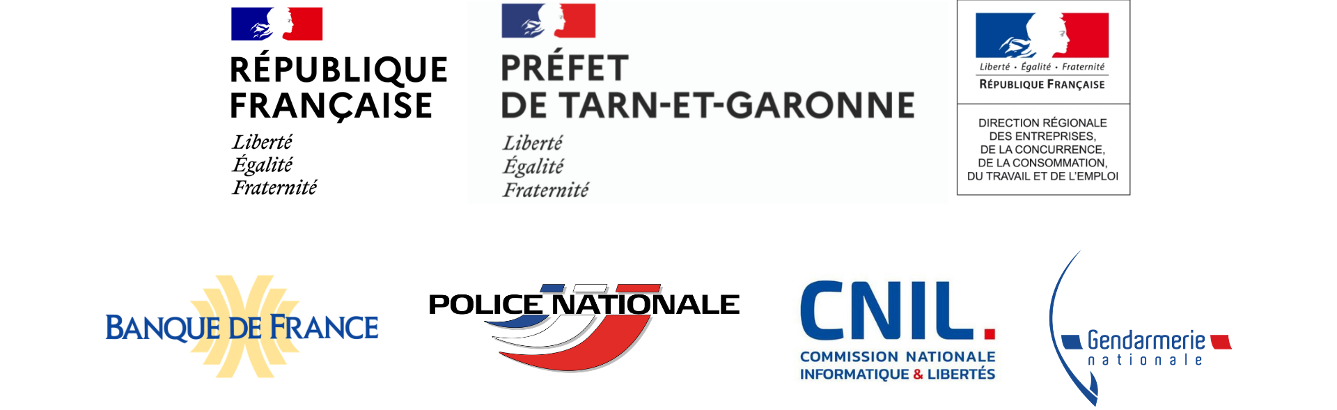 Logos de La République Française, la Gendarmerie Nationale, la DIRECCTE, la Banque de France, la Police Nationale, la CNIL, le Préfet de Tarn-Et-Garonne